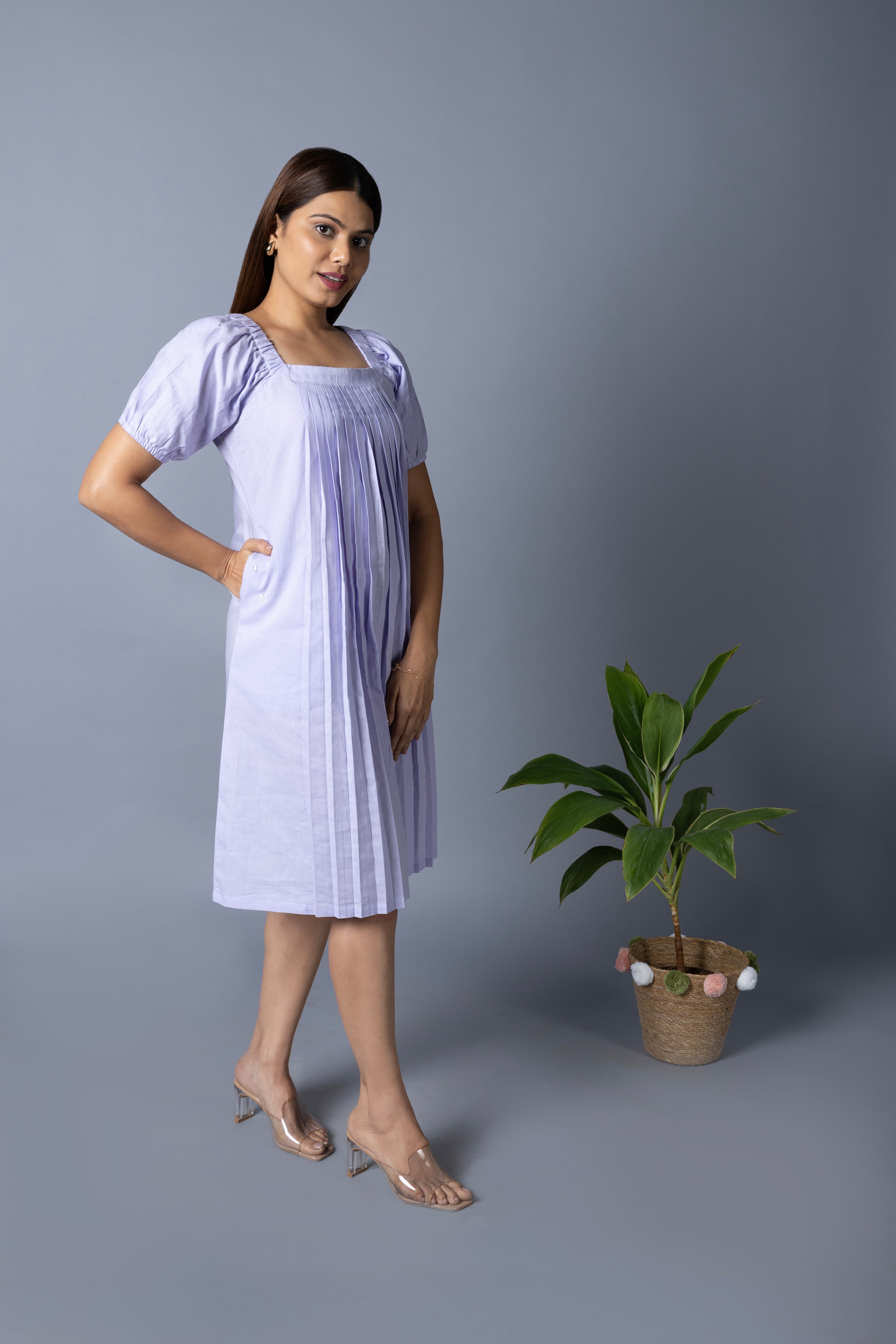 Womens Solid Pleated White Midi Dress