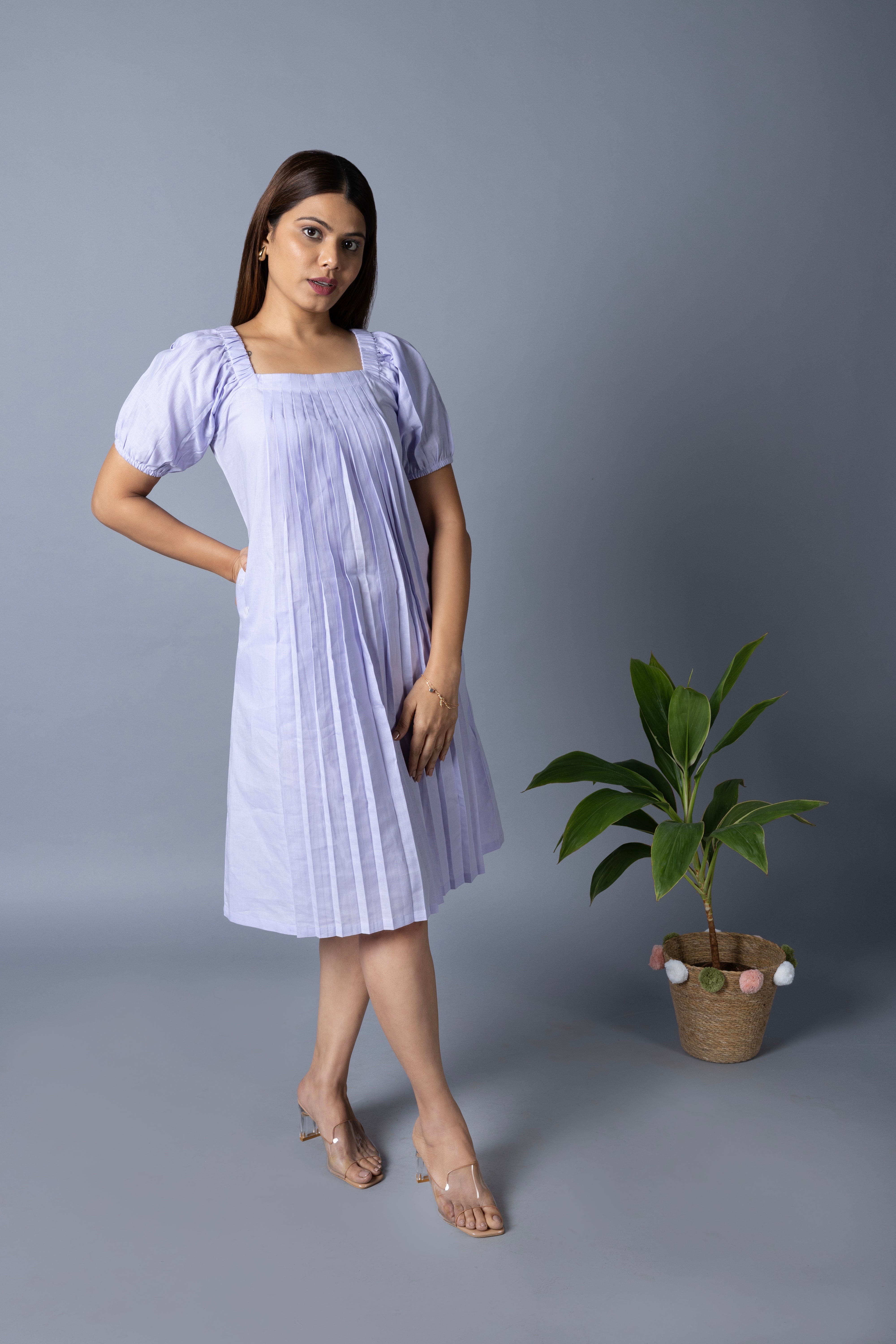 Womens Solid Pleated White Midi Dress