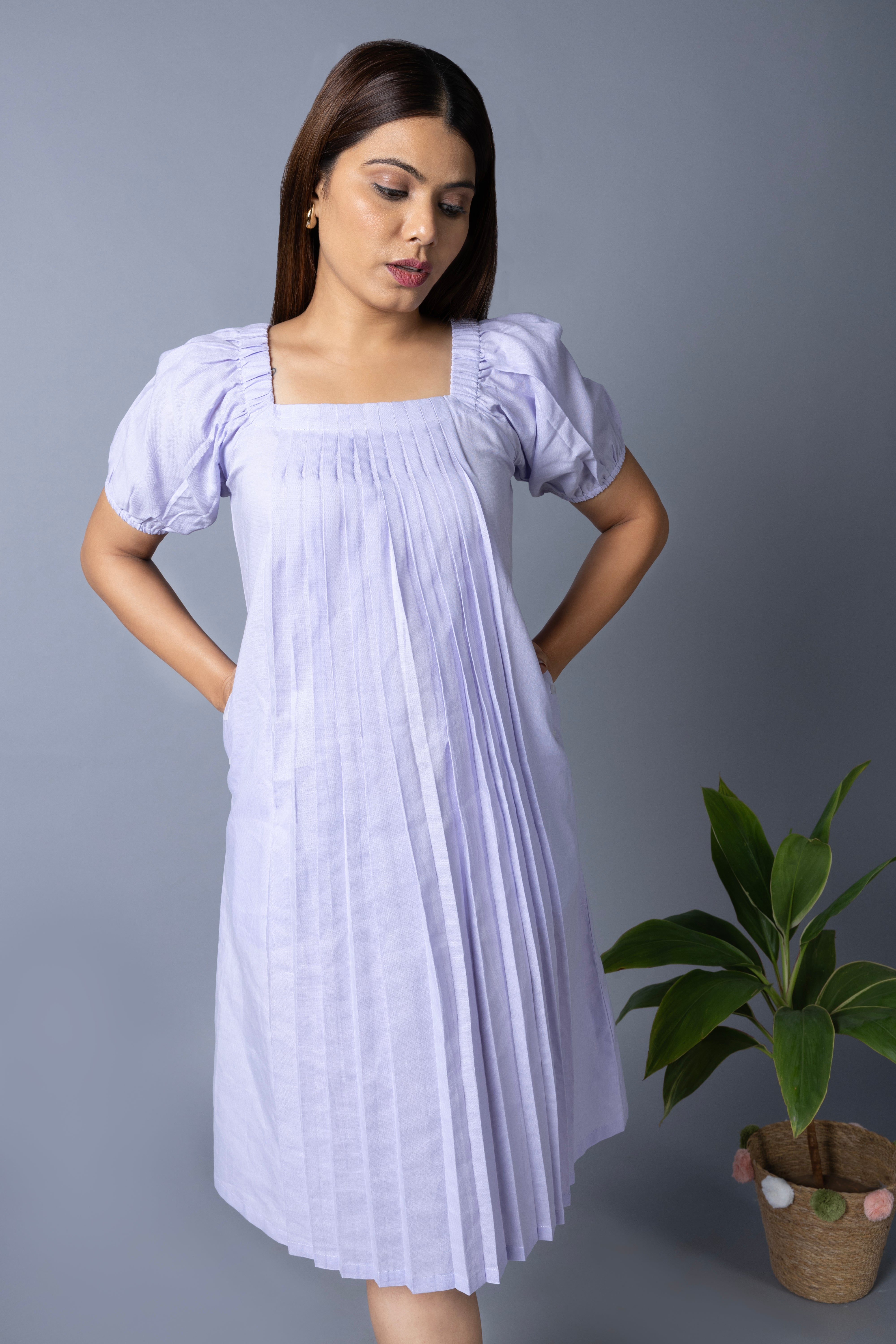 Womens Solid Pleated White Midi Dress