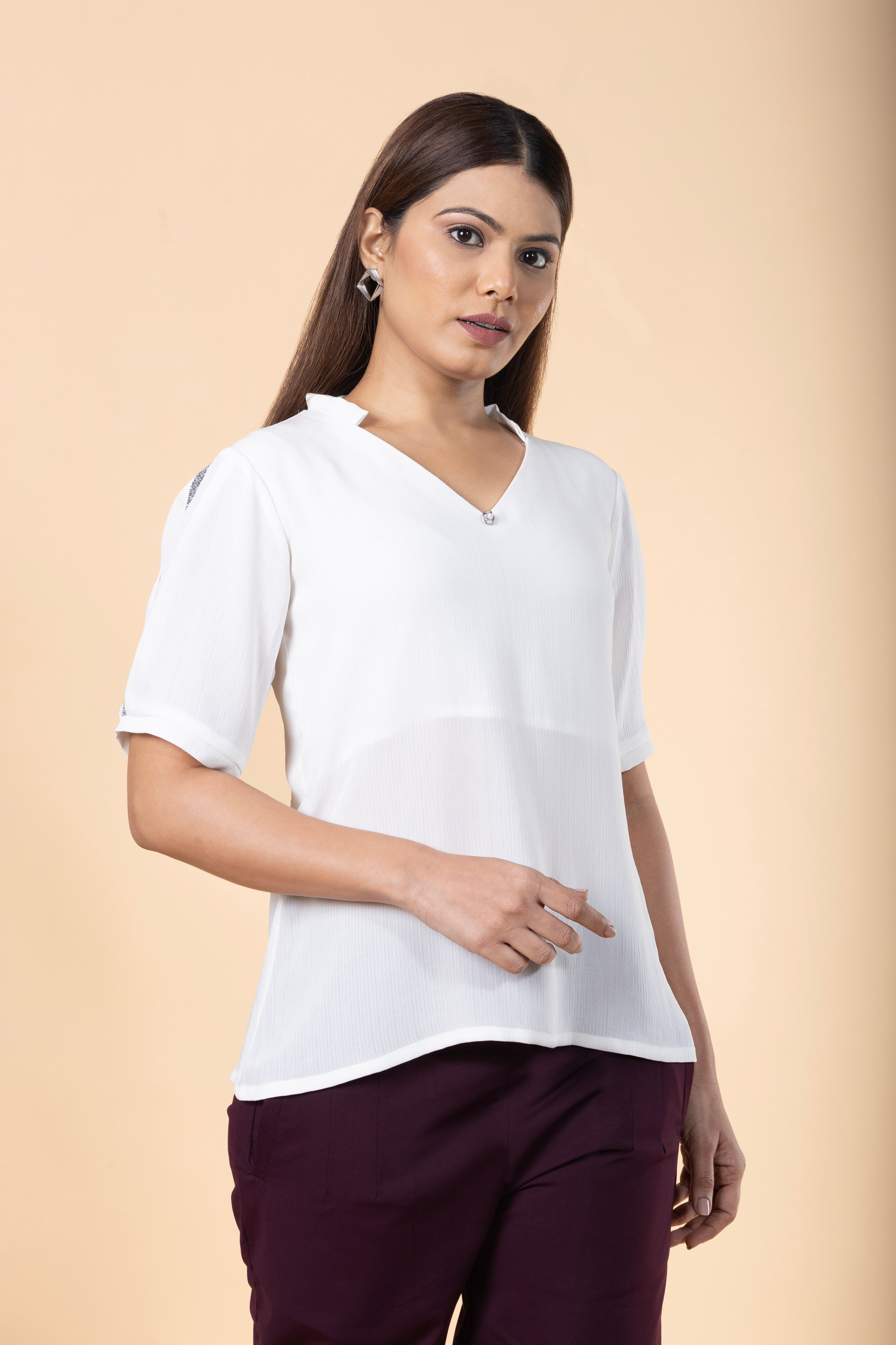 Women Regular V Neck Sleeve Lace Detailed Top
