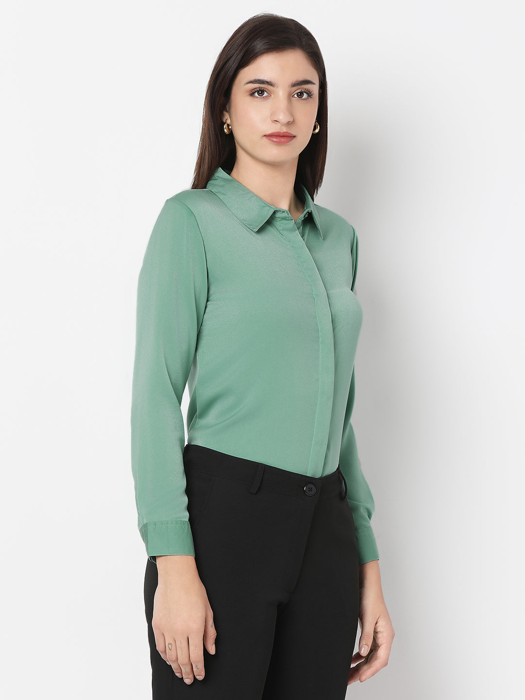 Solid Satin Concealed Placket Shirt
