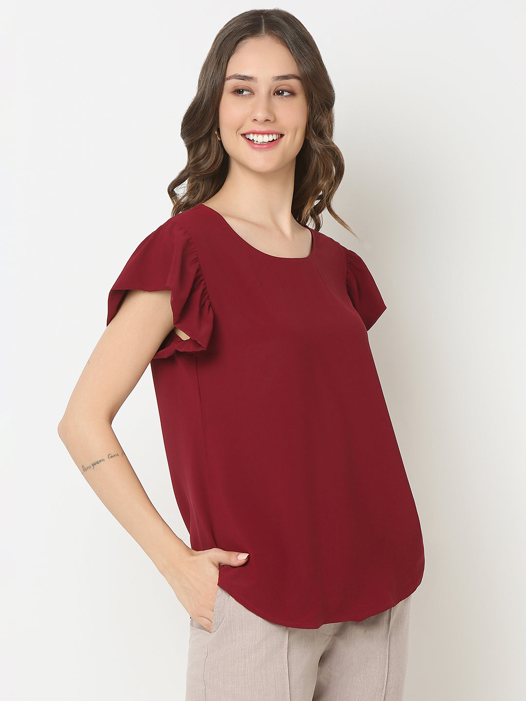 Maroon Ruffle Sleeve Top