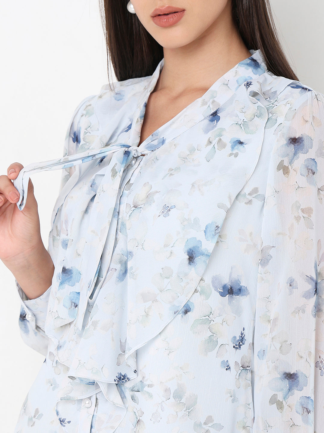 Aqua Tie-Up Waterfall Print top