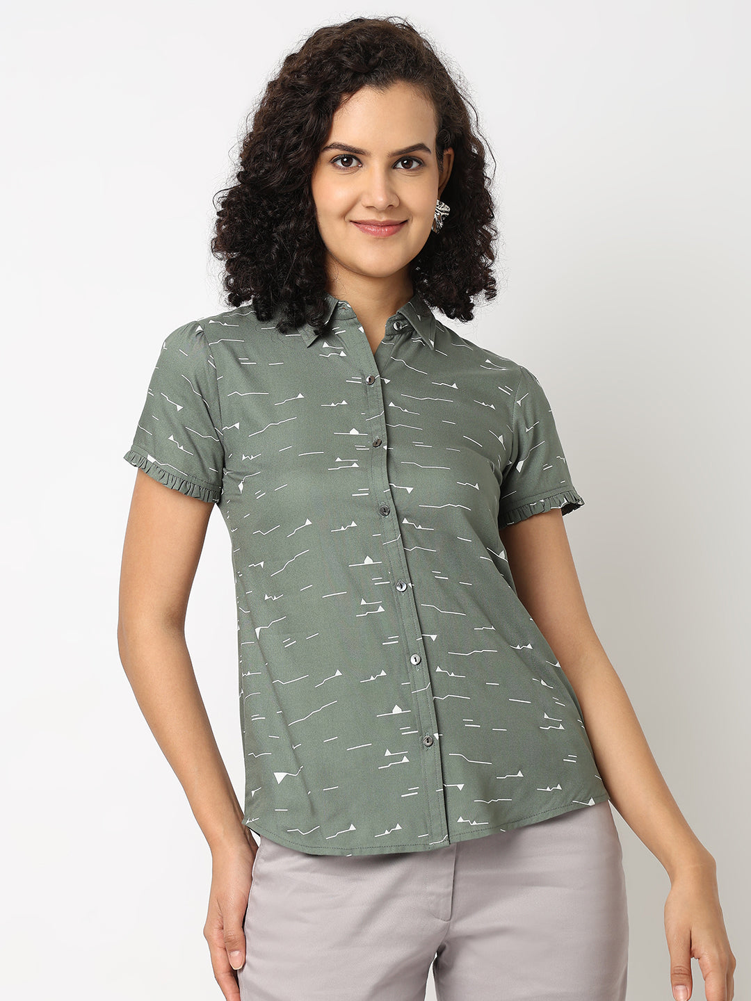 Green Ruffle Sleeve Shirt